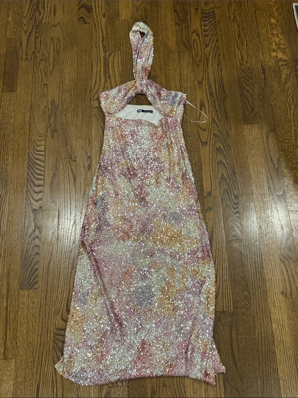 Zara Sequin Halter Maxi Dress in Pink Multi